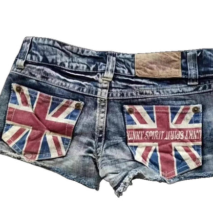 【#A640】Vintage Low-Rise Micro Denim Hot Pants, Punk Union Jack Rivet Multi-Zipper Women Shorts