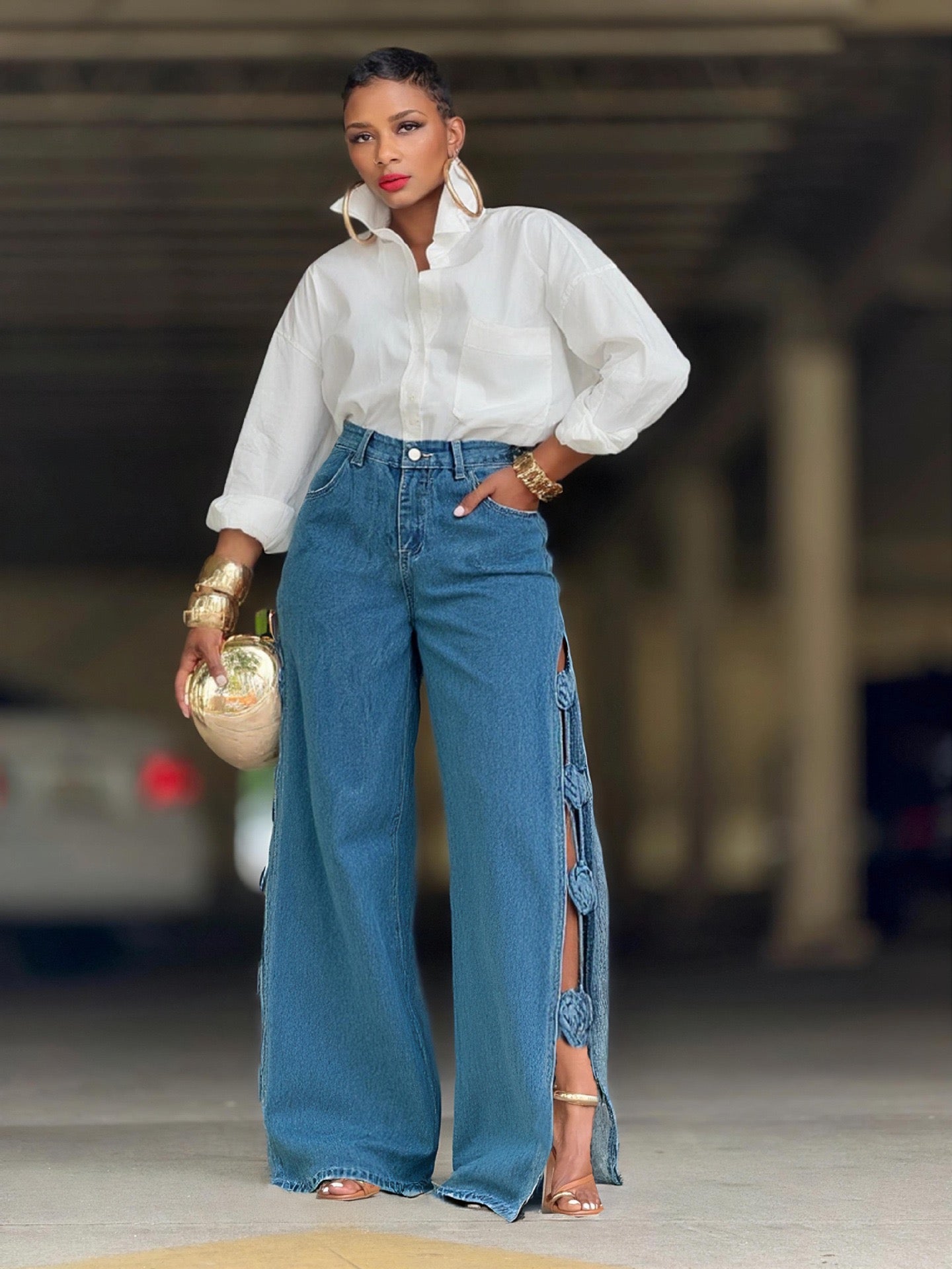 【#A641】Side 3D Rose Cutout Slit Wide Leg Jeans, High Waist Drape Figure-Flattering Designer Floor-Length Denim Pants