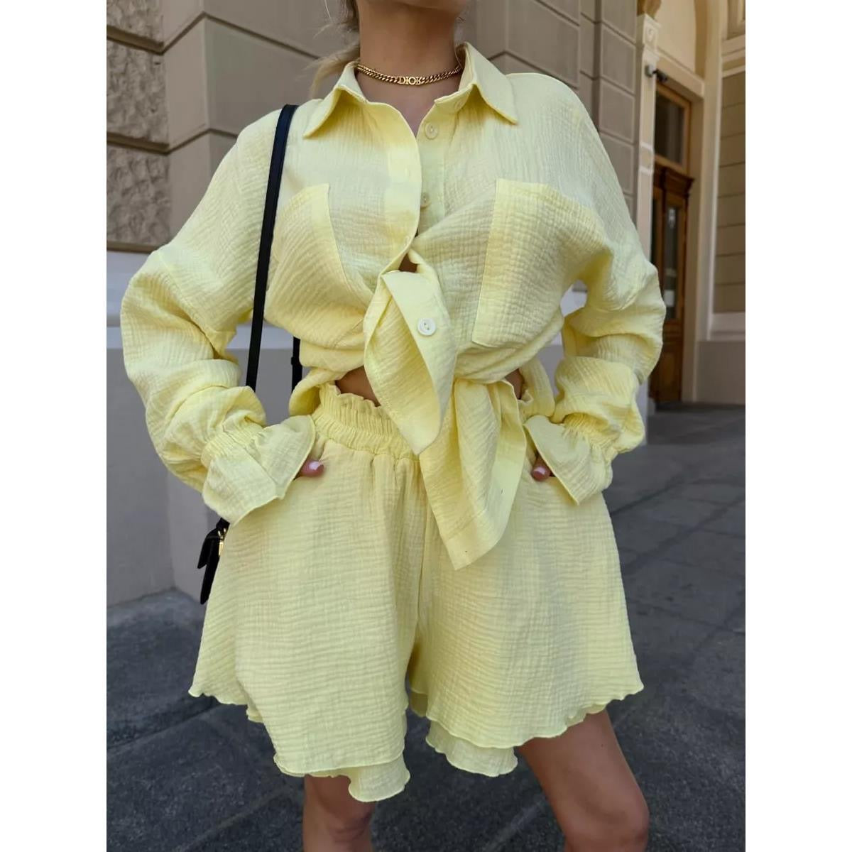【#A642】Crinkle Texture Collared Puff Sleeve Shirt & Shorts Set, Vacation Tie Ruffle Two Piece Outfit