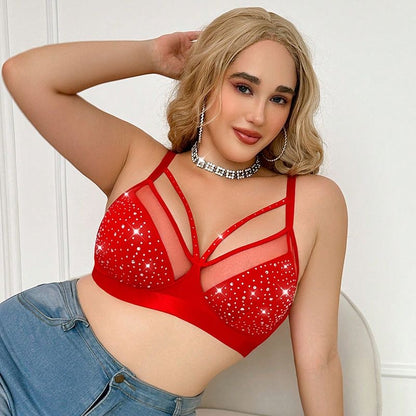 Plus Size Sheer Mesh Full Rhinestone Cutout Bra, Sexy Push-Up Crop Camisole Lingerie for Curvy Figure