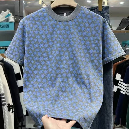 Grey Base All Over Blue Floral Glitter Crew Neck T-Shirt, Casual Loose Versatile Short Sleeve Top