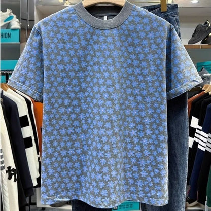 Grey Base All Over Blue Floral Glitter Crew Neck T-Shirt, Casual Loose Versatile Short Sleeve Top