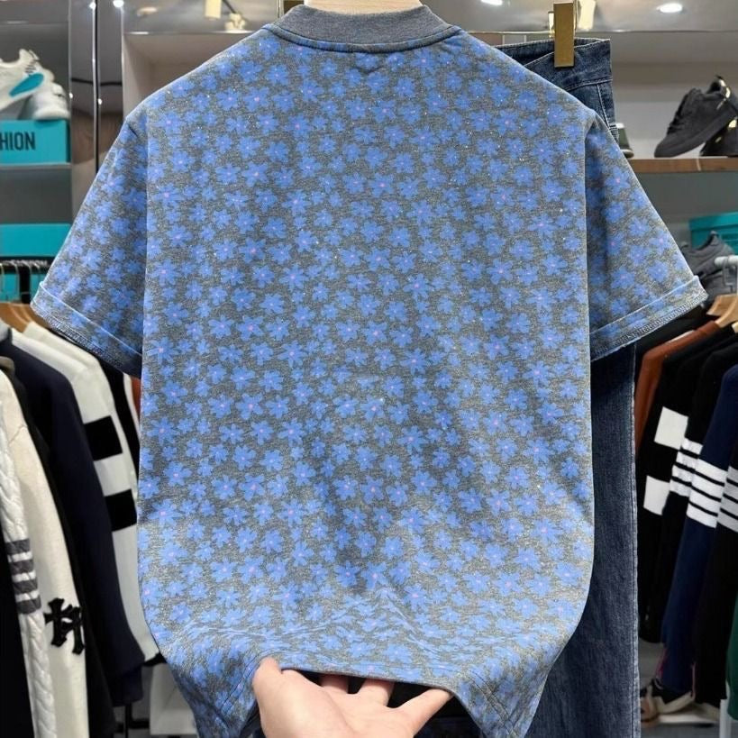 Grey Base All Over Blue Floral Glitter Crew Neck T-Shirt, Casual Loose Versatile Short Sleeve Top