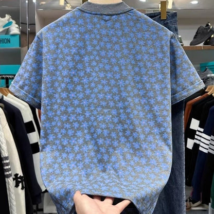 Grey Base All Over Blue Floral Glitter Crew Neck T-Shirt, Casual Loose Versatile Short Sleeve Top