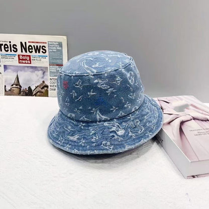 Vintage Washed Denim All Over Print Bucket Hat, Unisex Casual Faded Sun Hat