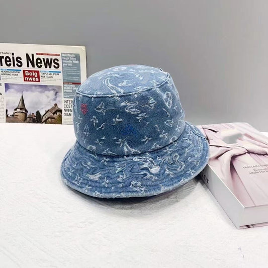 Vintage Washed Denim All Over Print Bucket Hat, Unisex Casual Faded Sun Hat