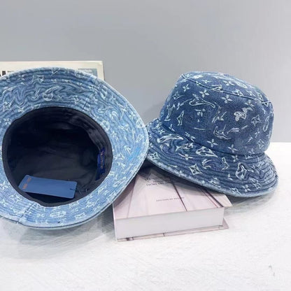 Vintage Washed Denim All Over Print Bucket Hat, Unisex Casual Faded Sun Hat