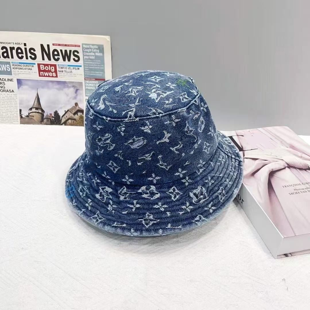 Vintage Washed Denim All Over Print Bucket Hat, Unisex Casual Faded Sun Hat