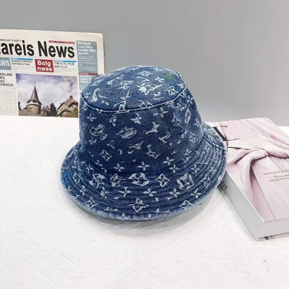 Vintage Washed Denim All Over Print Bucket Hat, Unisex Casual Faded Sun Hat