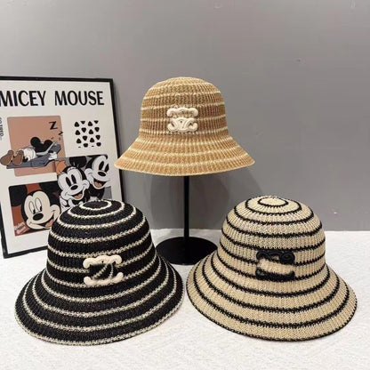 Chanel Style Striped Hollow Straw Bucket Hat, Breathable Contrast Woven Sun Hat for Summer