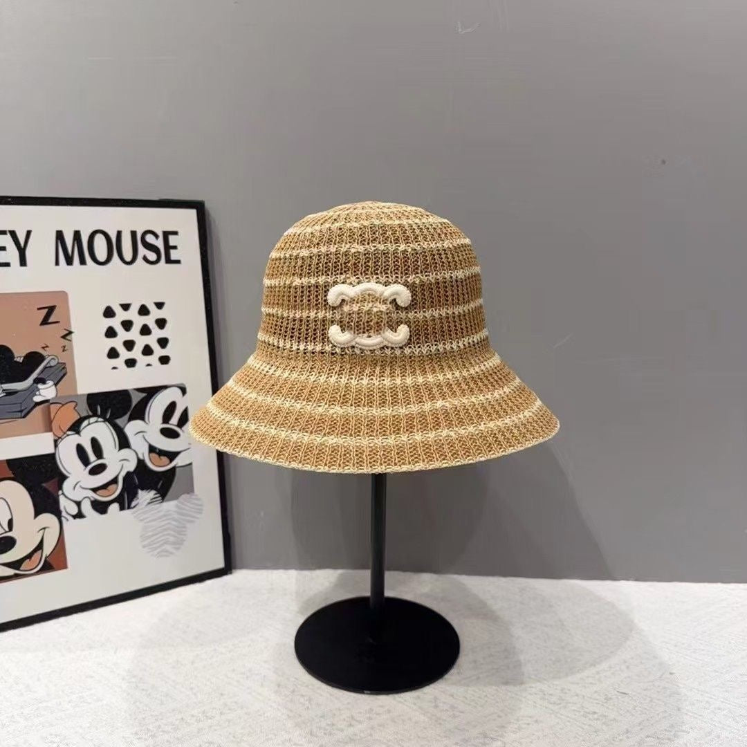 Chanel Style Striped Hollow Straw Bucket Hat, Breathable Contrast Woven Sun Hat for Summer