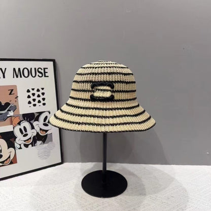 Chanel Style Striped Hollow Straw Bucket Hat, Breathable Contrast Woven Sun Hat for Summer