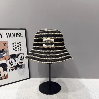 Chanel Style Striped Hollow Straw Bucket Hat, Breathable Contrast Woven Sun Hat for Summer