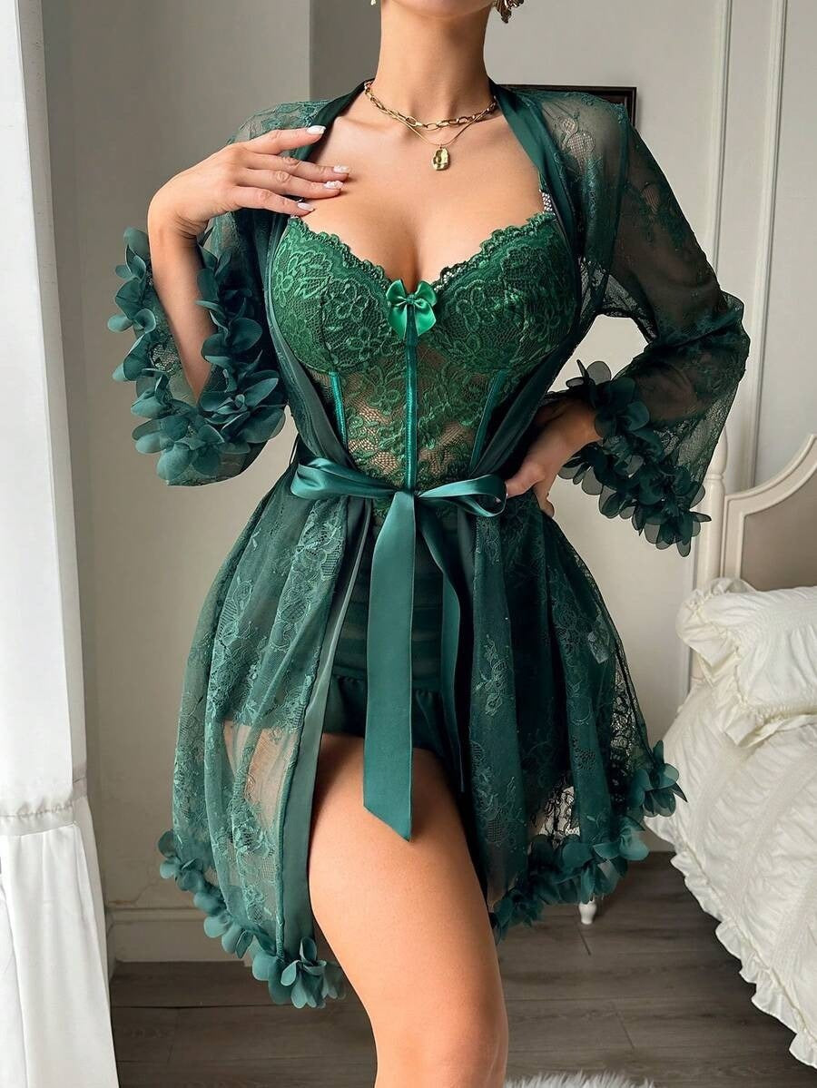 3D Floral Lace Robe 3-Piece Lingerie Set, Underwire Corset Cami Mini Dress Sexy Boudoir Sleepwear