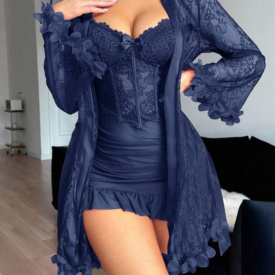 3D Floral Lace Robe 3-Piece Lingerie Set, Underwire Corset Cami Mini Dress Sexy Boudoir Sleepwear