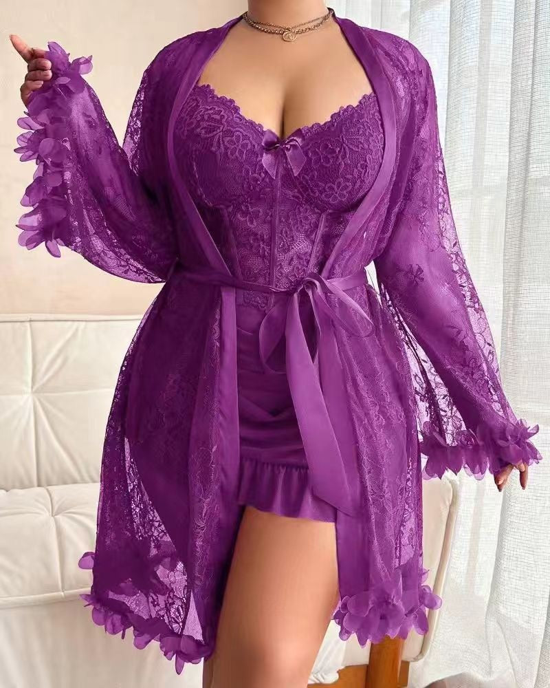 3D Floral Lace Robe 3-Piece Lingerie Set, Underwire Corset Cami Mini Dress Sexy Boudoir Sleepwear
