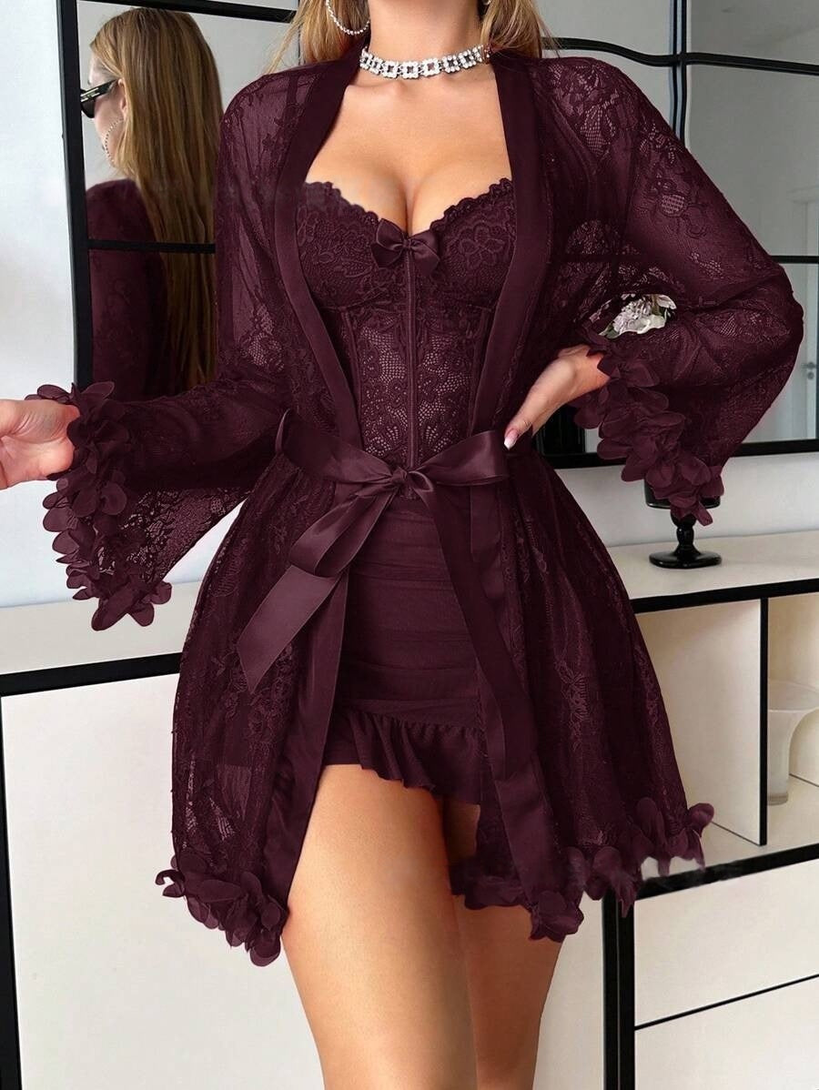 3D Floral Lace Robe 3-Piece Lingerie Set, Underwire Corset Cami Mini Dress Sexy Boudoir Sleepwear