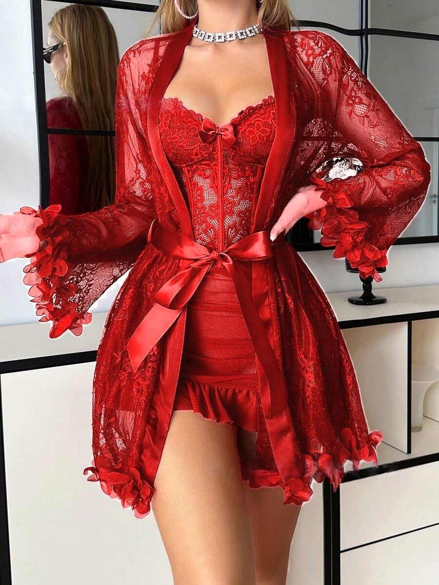 3D Floral Lace Robe 3-Piece Lingerie Set, Underwire Corset Cami Mini Dress Sexy Boudoir Sleepwear