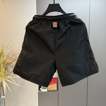 Side Snap Button Plaid Lining Quick Dry Shorts, Men Elastic Drawstring Casual Beach Sports Mid Pants