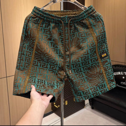 Vintage All Over Leaf Letter Jacquard Shorts, Men Elastic Drawstring Loose Casual Beach Mid Pants