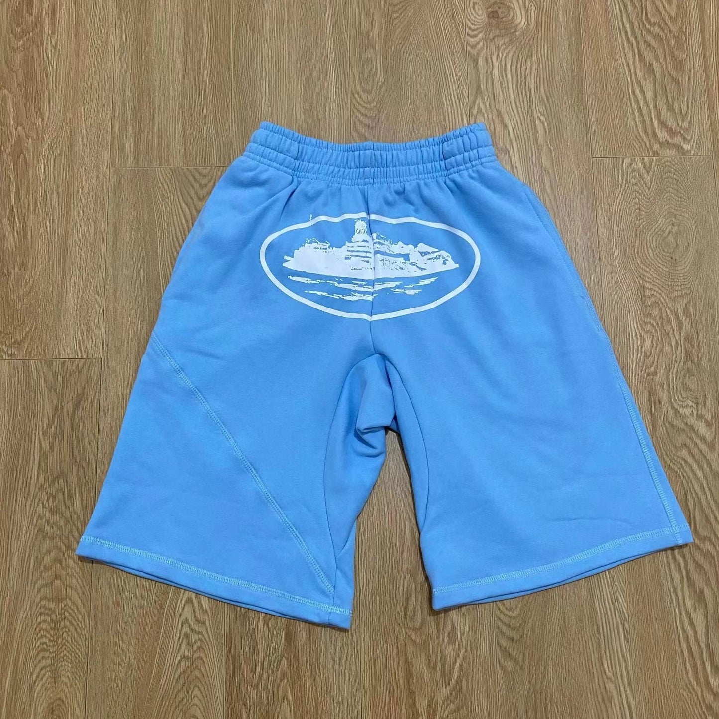 Oval Island Print Casual Sweat Shorts, Unisex Loose Drawstring Sports Mid Shorts