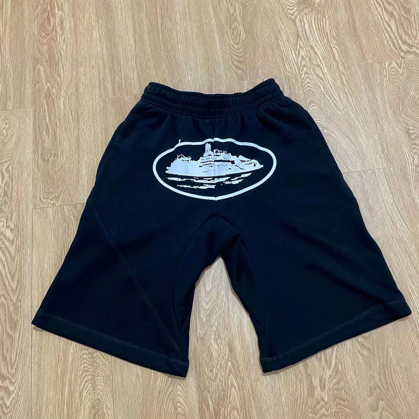Oval Island Print Casual Sweat Shorts, Unisex Loose Drawstring Sports Mid Shorts