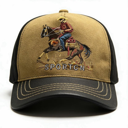 American Western Cowboy Rider Embroidered Baseball Cap, Suede Spliced Vintage Casual Sun Visor Hat