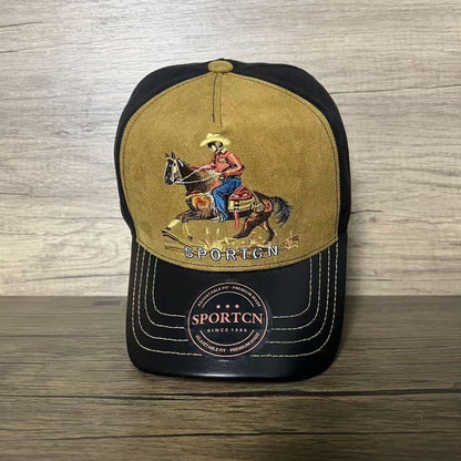 American Western Cowboy Rider Embroidered Baseball Cap, Suede Spliced Vintage Casual Sun Visor Hat