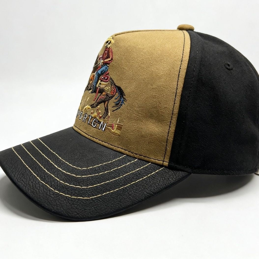 American Western Cowboy Rider Embroidered Baseball Cap, Suede Spliced Vintage Casual Sun Visor Hat