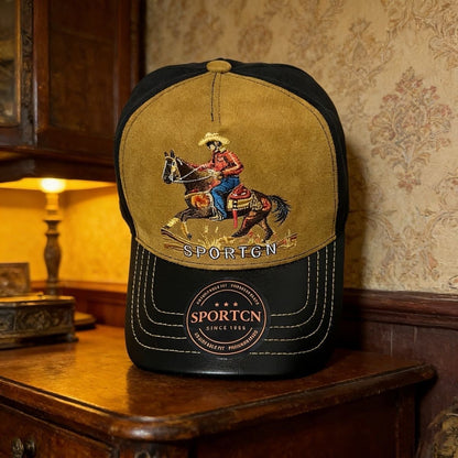 American Western Cowboy Rider Embroidered Baseball Cap, Suede Spliced Vintage Casual Sun Visor Hat