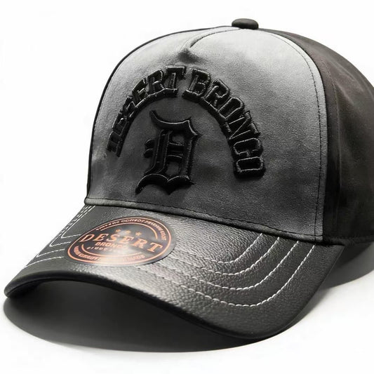 Vintage Grey Black Color Block Letter Embroidered Baseball Cap, American Retro Motorcycle Style Leather Brim Hat