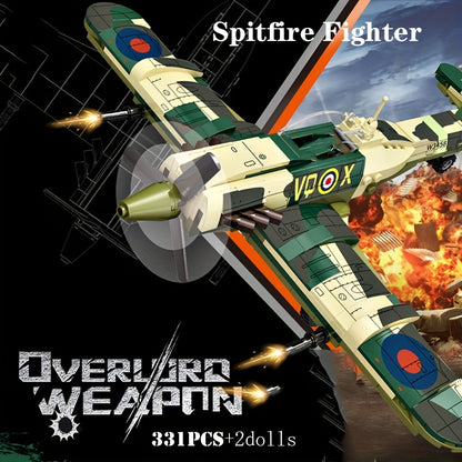 331pcs Military Spitfire Aircraft Model, Small Building Blocks, Educational Toy With 2 Soldiers, Christmas And Halloween Gifts For Children
