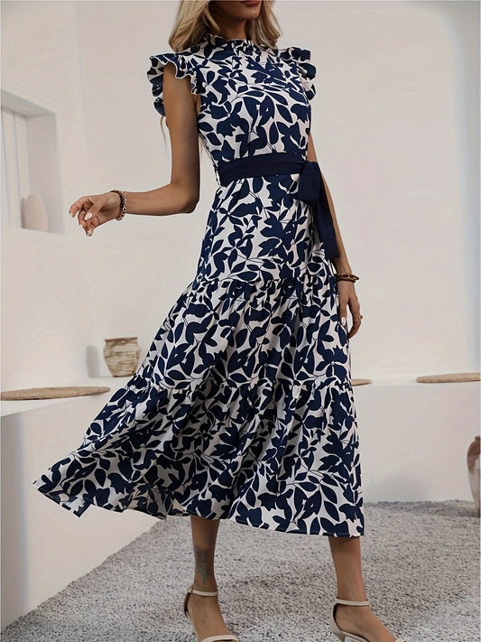 today's deals，No middlemen!Floral Print Mock Neck Lace Up Dress, Elegant Flutter Sleeve Dress For Spring & Summer, Women's Clothing