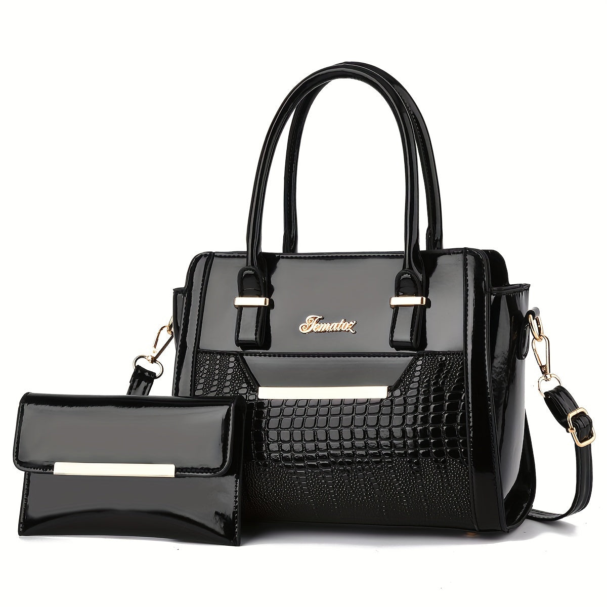 today's deals，No middlemen to make the difference!Classic Solid Color Crocodile Pattern Tote Bag With Clutch Purse, Textured Bags For Women