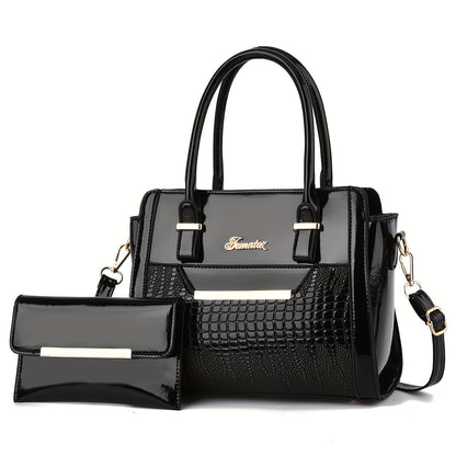 today's deals，No middlemen to make the difference!Classic Solid Color Crocodile Pattern Tote Bag With Clutch Purse, Textured Bags For Women