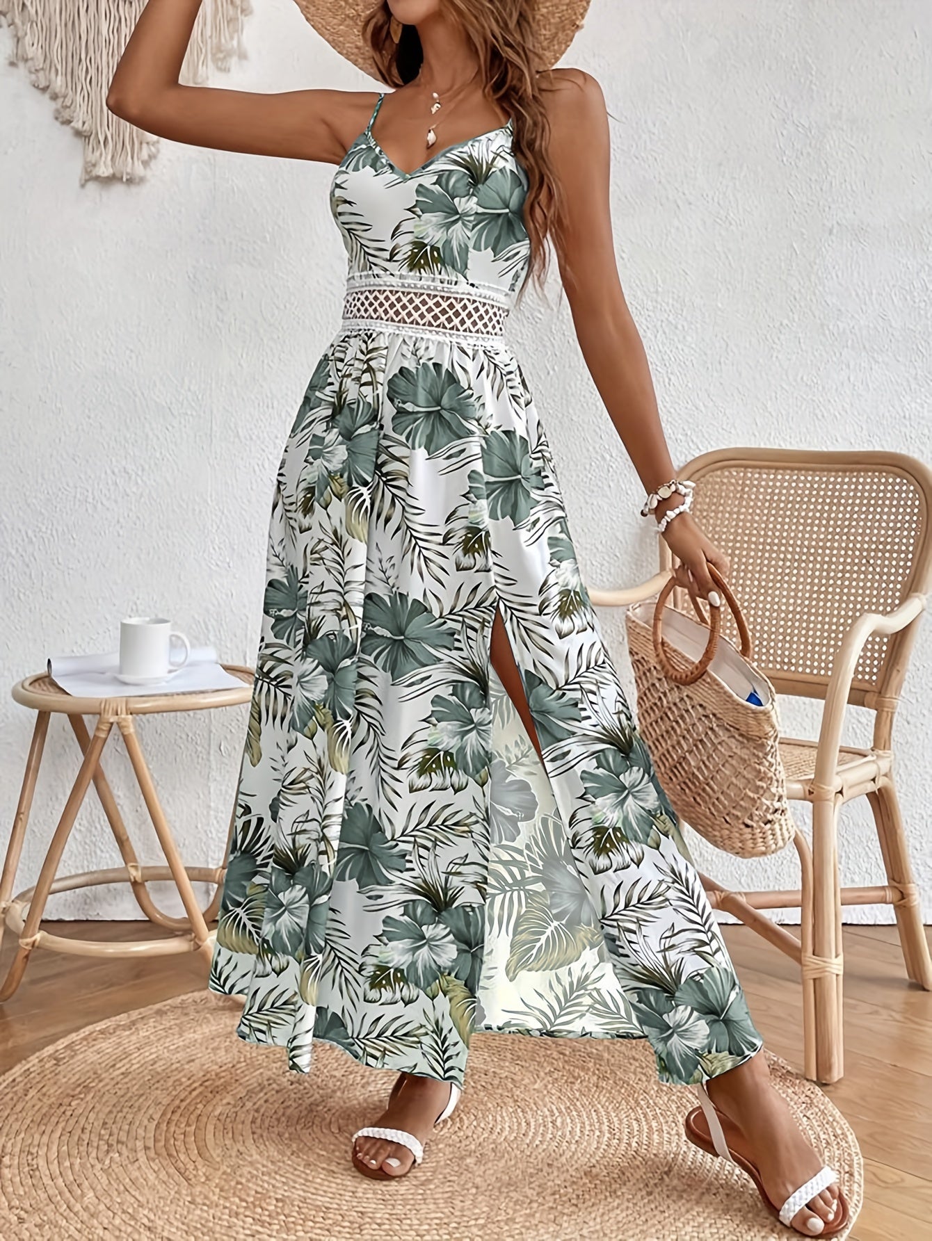 today's deals，No middlemen!Floral Print Spaghetti Strap Dress, Elegant Sleeveless Split Dress For Spring & Summer, Women's Clothing