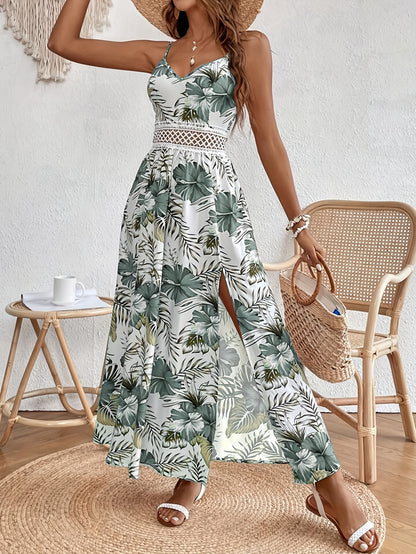 today's deals，No middlemen!Floral Print Spaghetti Strap Dress, Elegant Sleeveless Split Dress For Spring & Summer, Women's Clothing