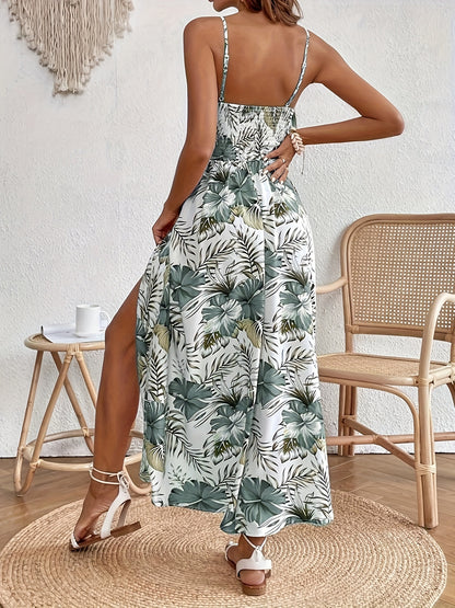 today's deals，No middlemen!Floral Print Spaghetti Strap Dress, Elegant Sleeveless Split Dress For Spring & Summer, Women's Clothing