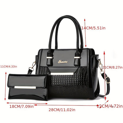 today's deals，No middlemen to make the difference!Classic Solid Color Crocodile Pattern Tote Bag With Clutch Purse, Textured Bags For Women