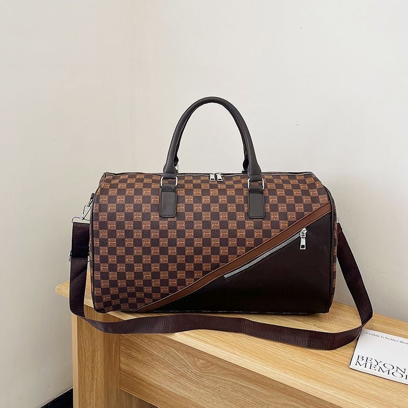 【#A420】Vintage Floral Checkerboard Spliced Large Travel Duffle Bag, Waterproof Gym Handbag