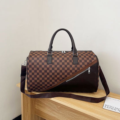 【#A420】Vintage Floral Checkerboard Spliced Large Travel Duffle Bag, Waterproof Gym Handbag