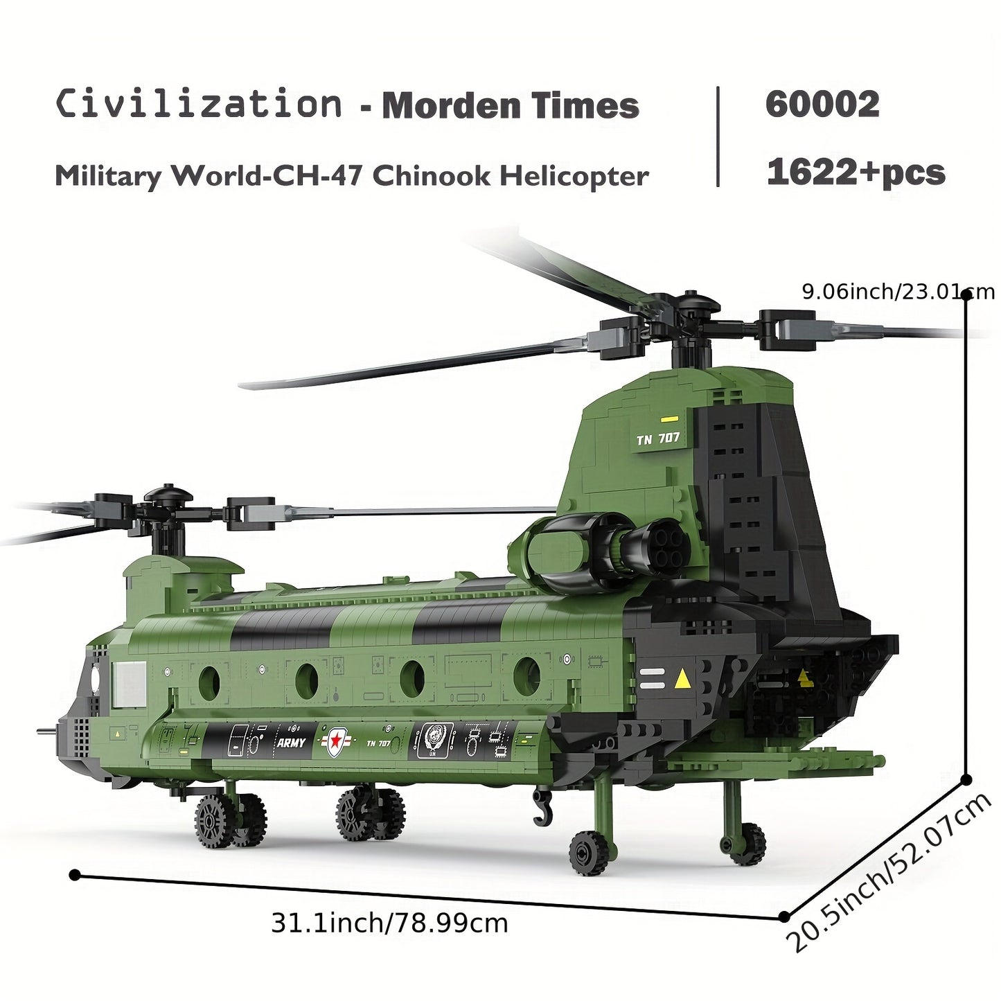 JMBricklayer CH-47 Helicopter Building Set, Military Helicopter Brick Aircraft Model Kit, Home Office Display Or Collectible