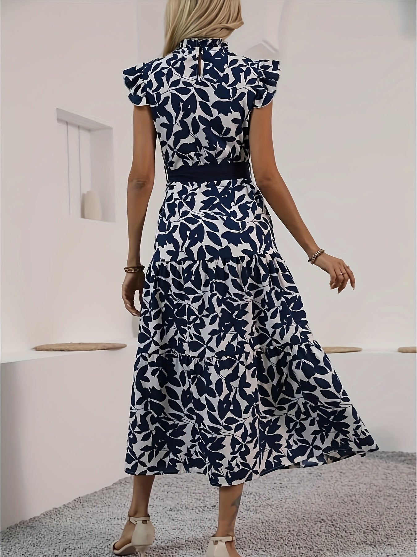 today's deals，No middlemen!Floral Print Mock Neck Lace Up Dress, Elegant Flutter Sleeve Dress For Spring & Summer, Women's Clothing