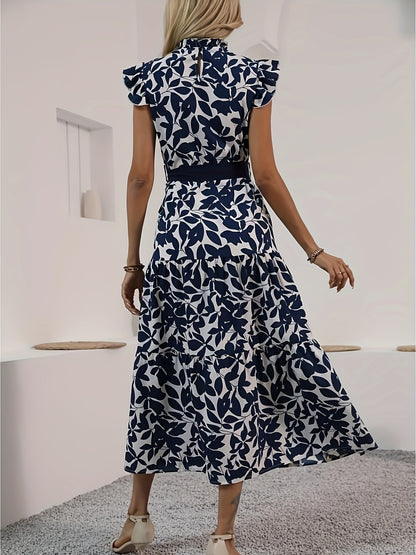 today's deals，No middlemen!Floral Print Mock Neck Lace Up Dress, Elegant Flutter Sleeve Dress For Spring & Summer, Women's Clothing