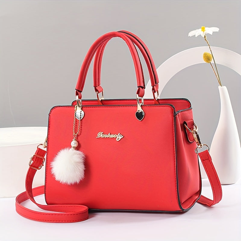 today's deals，No middlemen to make the difference!Fashion Solid Color Handbag, Women's Top Handle Square Purse, Elegant Crossbody Bag With Pompom Ball Pendant
