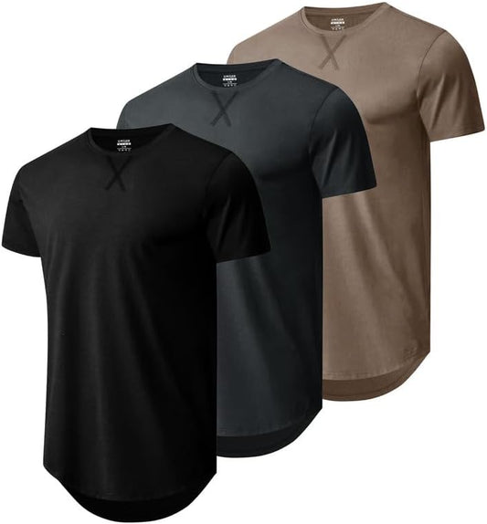 HOTMens 3 Pack Cotton Hipster Longline T Shirts Curved Hem Plain Hip Hop Short Sleeve Tee Fitted Casual Drop Cuts Crewneck