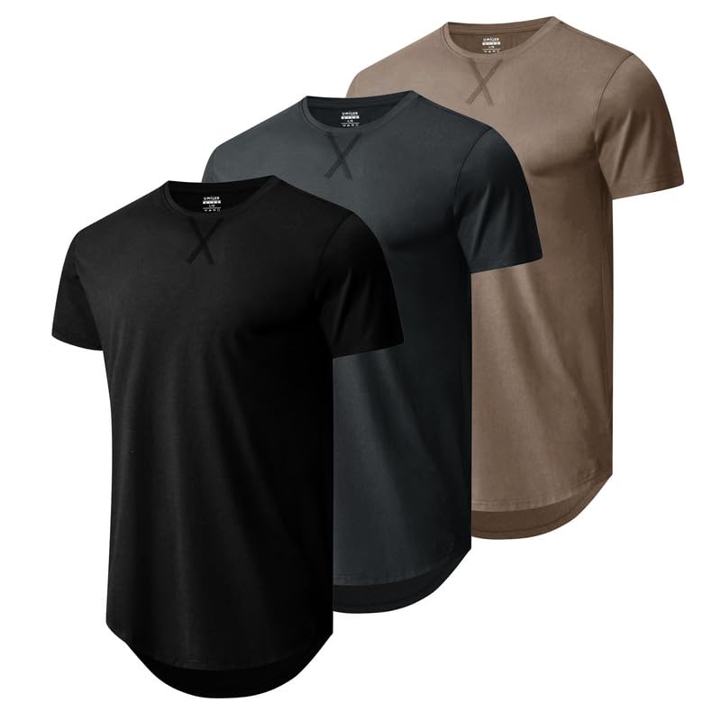 HOTMens 3 Pack Cotton Hipster Longline T Shirts Curved Hem Plain Hip Hop Short Sleeve Tee Fitted Casual Drop Cuts Crewneck