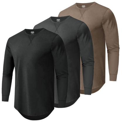 HOTMens 3 Pack Cotton Hipster Longline T Shirts Curved Hem Plain Hip Hop Short Sleeve Tee Fitted Casual Drop Cuts Crewneck