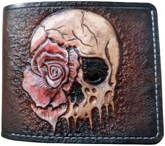 HOTMen's 3D Genuine Leather Wallet, Hand-Carved, Hand-Painted, Leather Carving, Custom wallet, Personalized wallet, Skull, Skeleton, Rose