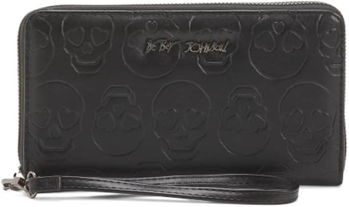 HOTBetsey Johnson Skulls Wristlet Wallet, Black, Embossed Skull Design with Detachable Strap, 8x4.5 Inches